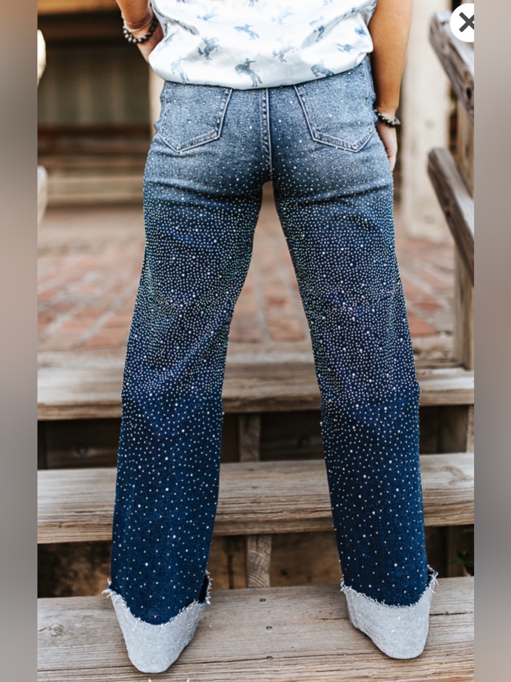 Lucky & Blessed Rhinestone Embellished Dark Blue Flare Jeans - Women's - Picture 3 of 4